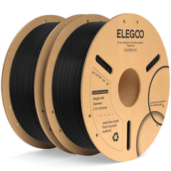 ELEGOO filamento PLA Plus frontal del paquete mostrando carretes y color negro, beneficio: suministro de 2 kg