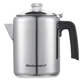 Elite Gourmet vista frontal del percolador mostrando diseño de acero inoxidable y acabado pulido