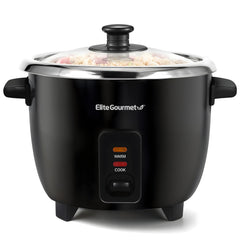 Elite Gourmet frente del aparato mostrando diseño compacto y ventaja de ahorro de espacio