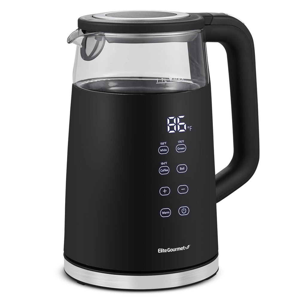 Elite Gourmet vista frontal del hervidor negro mostrando diseño elegante y beneficio estético