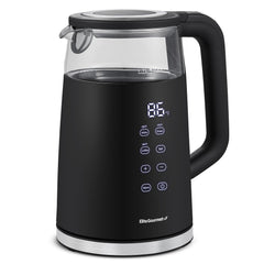 Elite Gourmet vista frontal del hervidor negro mostrando diseño elegante y beneficio estético