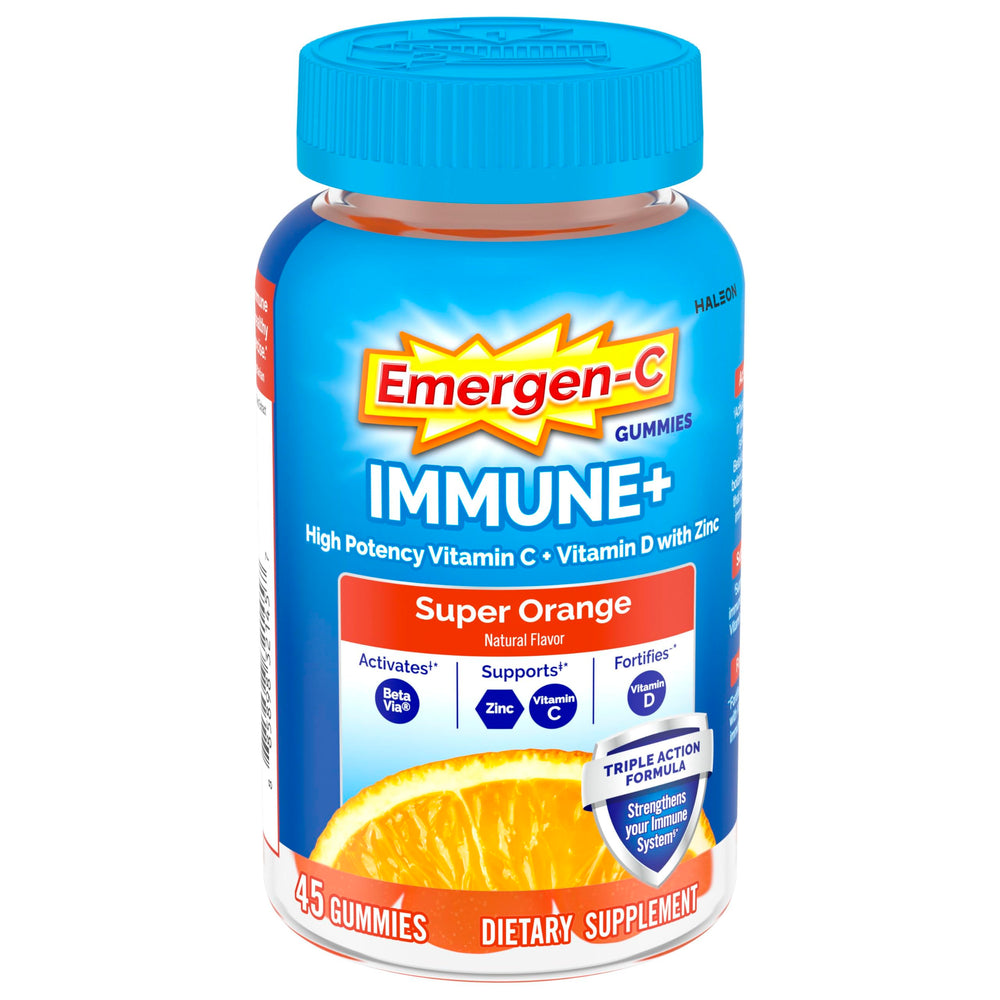 Emergen-C frasco frontal naranja mostrando etiqueta y beneficios rápidos