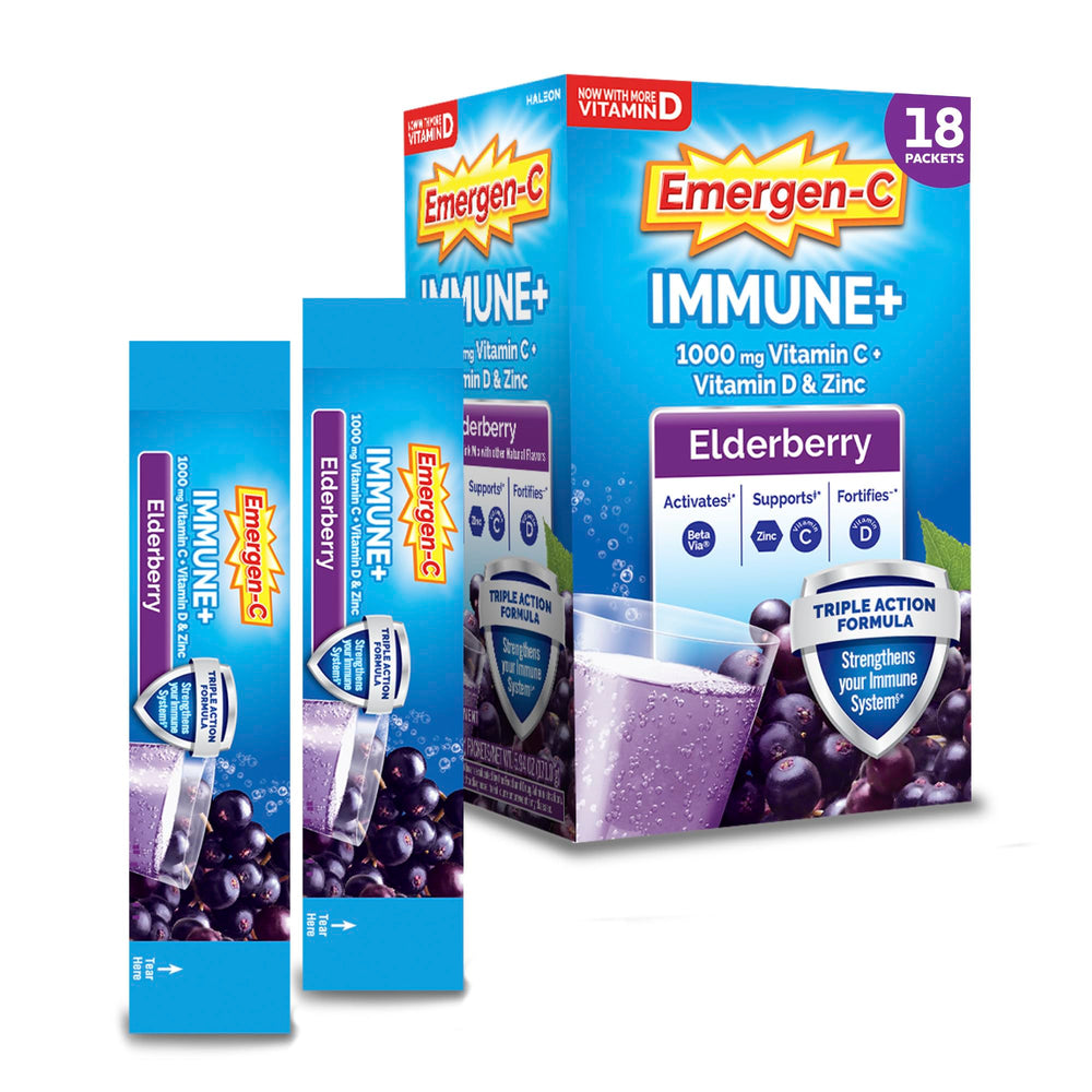 Emergen-C empaque frontal mostrando 18 sobres y beneficio de apoyo inmune