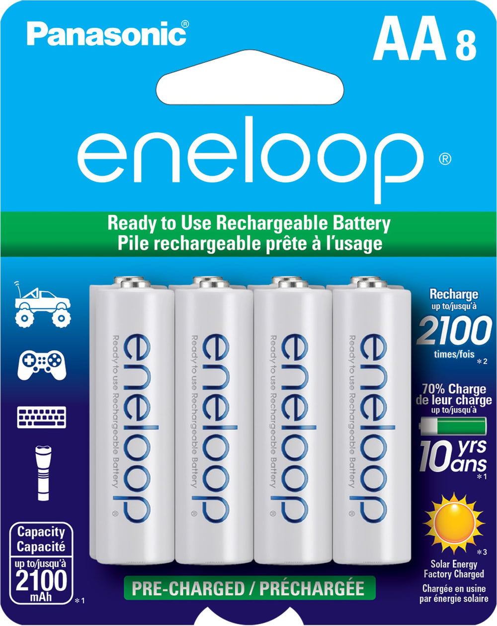 Eneloop paquete frontal mostrando las 8 pilas y beneficio de lista para usar