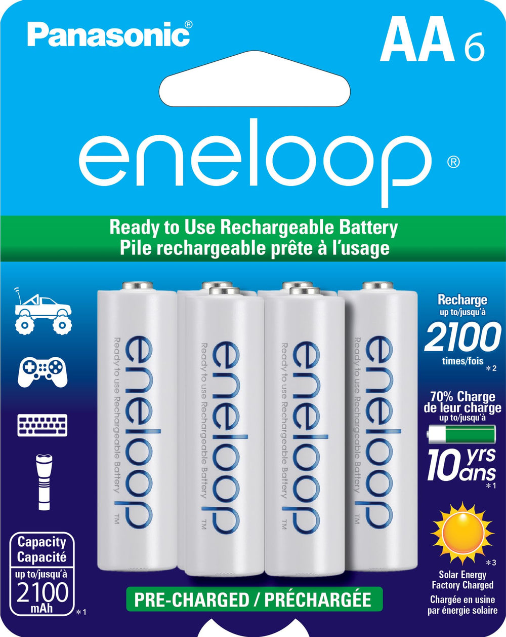 Eneloop pack frontal mostrando las seis pilas AA listo para uso inmediato