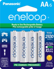 Eneloop pack frontal mostrando las seis pilas AA listo para uso inmediato