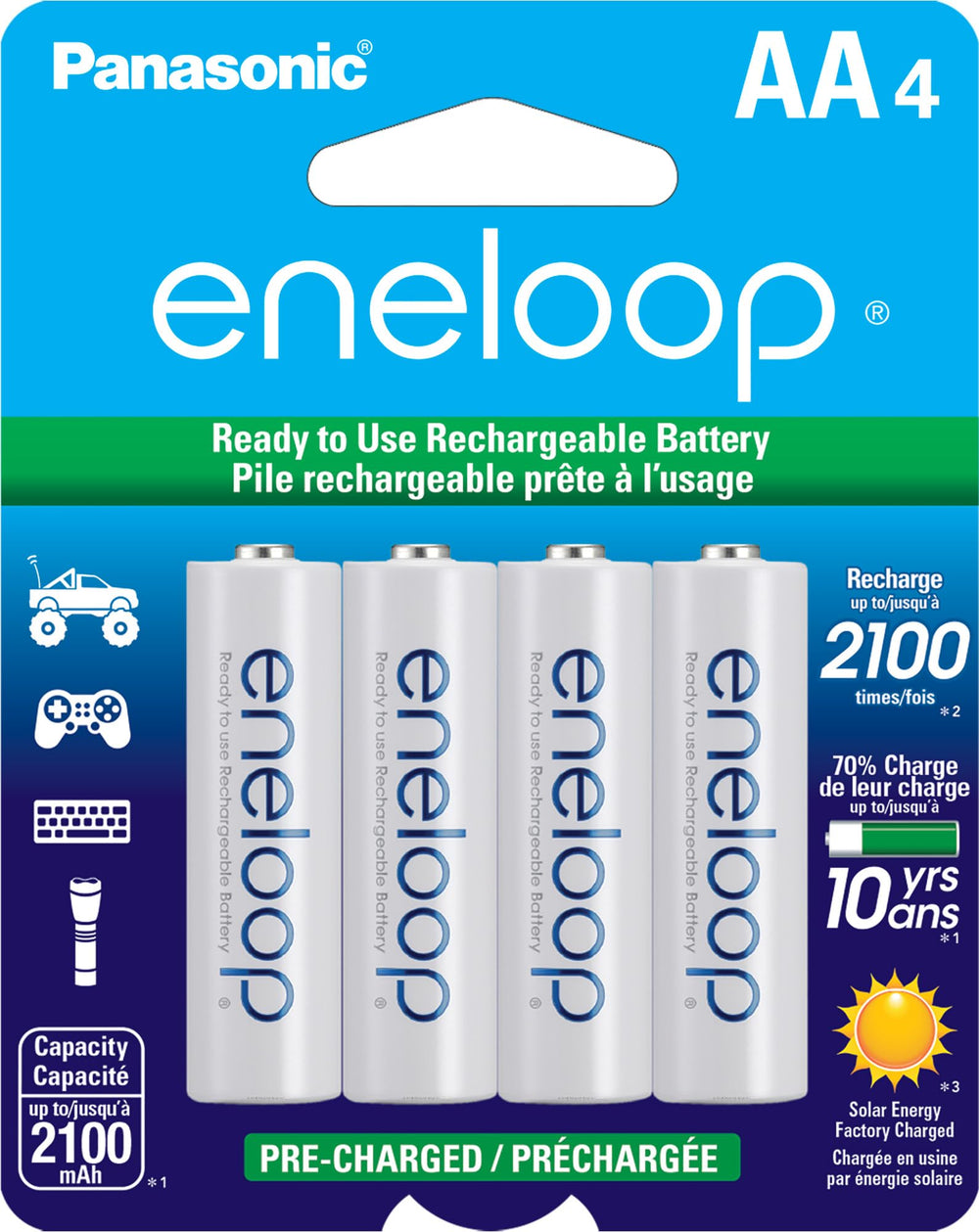Eneloop paquete delantero mostrando 4 pilas y embalaje protector Eneloop beneficio fiabilidad