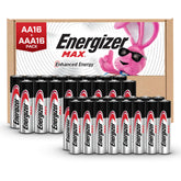 Energizer pack frontal mostrando 16 AA y 16 AAA, energía duradera