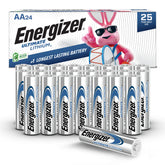 Energizer paquete frontal mostrando 24 pilas, confiabilidad inmediata