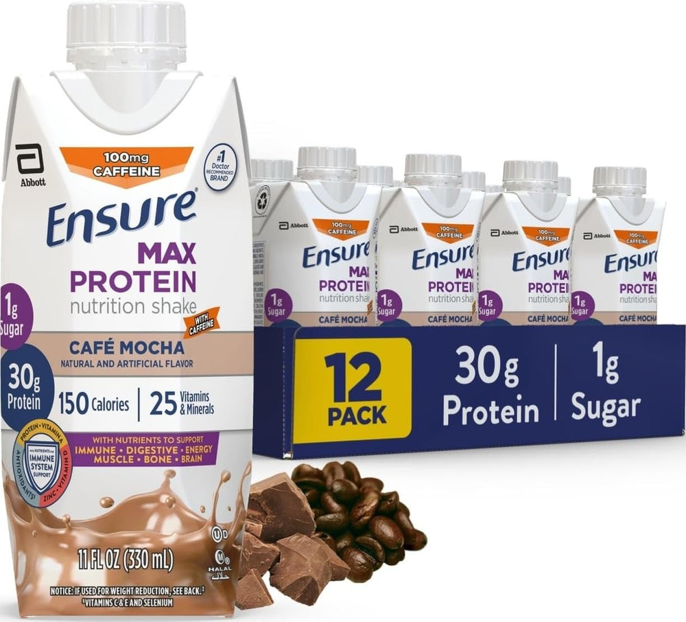Ensure Café Mocha front packaging showing 12-pack for convenient supply