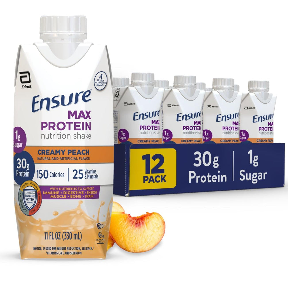Ensure crema de durazno: vista frontal del paquete, práctico y nutritivo