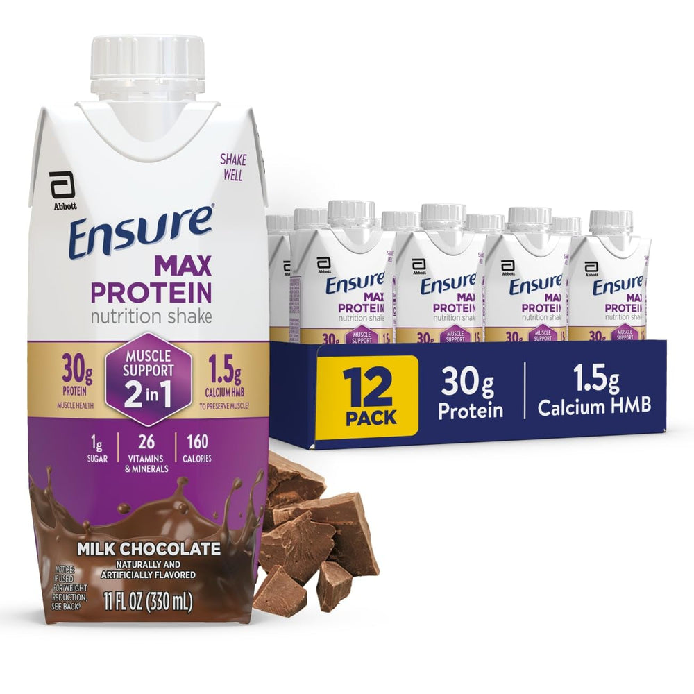 Ensure envase frontal de Max Protein Chocolate mostrando marca y texto, conveniencia lista para beber