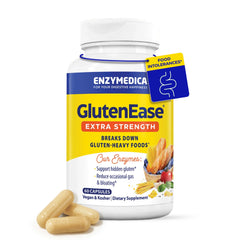 Enzymedica frasco GlutenEase Extra Strength vista frontal mostrando la presentación