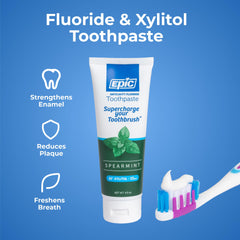 Epic etiqueta que destaca xilitol y fluoruro para fortalecer esmalte