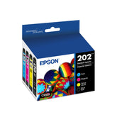 Epson empaque frontal del pack 202 mostrando los cuatro cartuchos y beneficio claridad