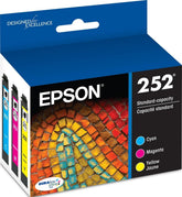 Epson pack frontal mostrando tres cartuchos color y embalaje, calidad garantizada