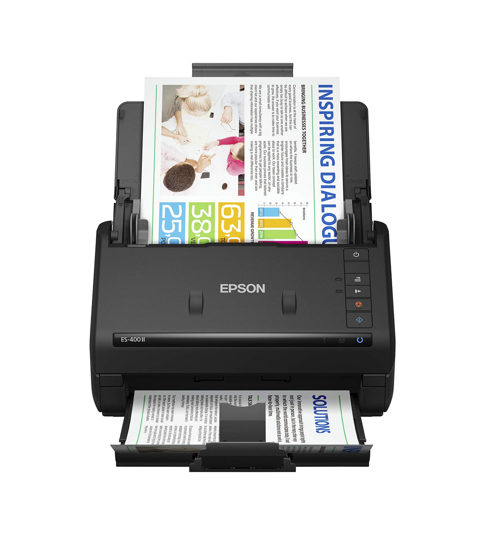 Epson ES-400 II vista frontal con bandeja cerrada y diseño compacto