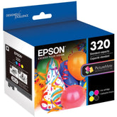 Epson T320 frontal del cartucho mostrando colores y compatibilidad para impresiones duraderas