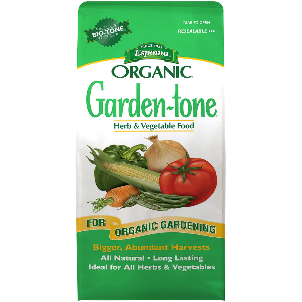 Espoma Garden-Tone bolsa frontal mostrando 4 lb y beneficios orgánicos