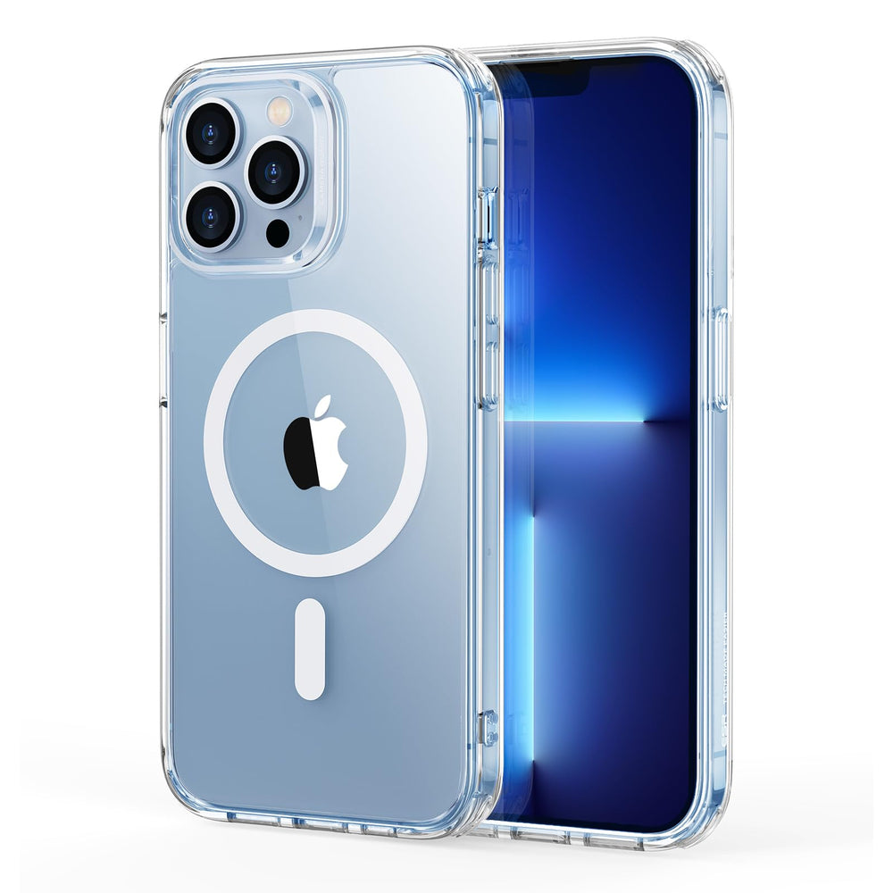 ESR funda frontal clara mostrando el iPhone 13 Pro y protección estética