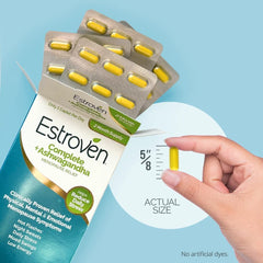 Estroven caja abierta con frasco ofreciendo conveniencia y dosis diaria