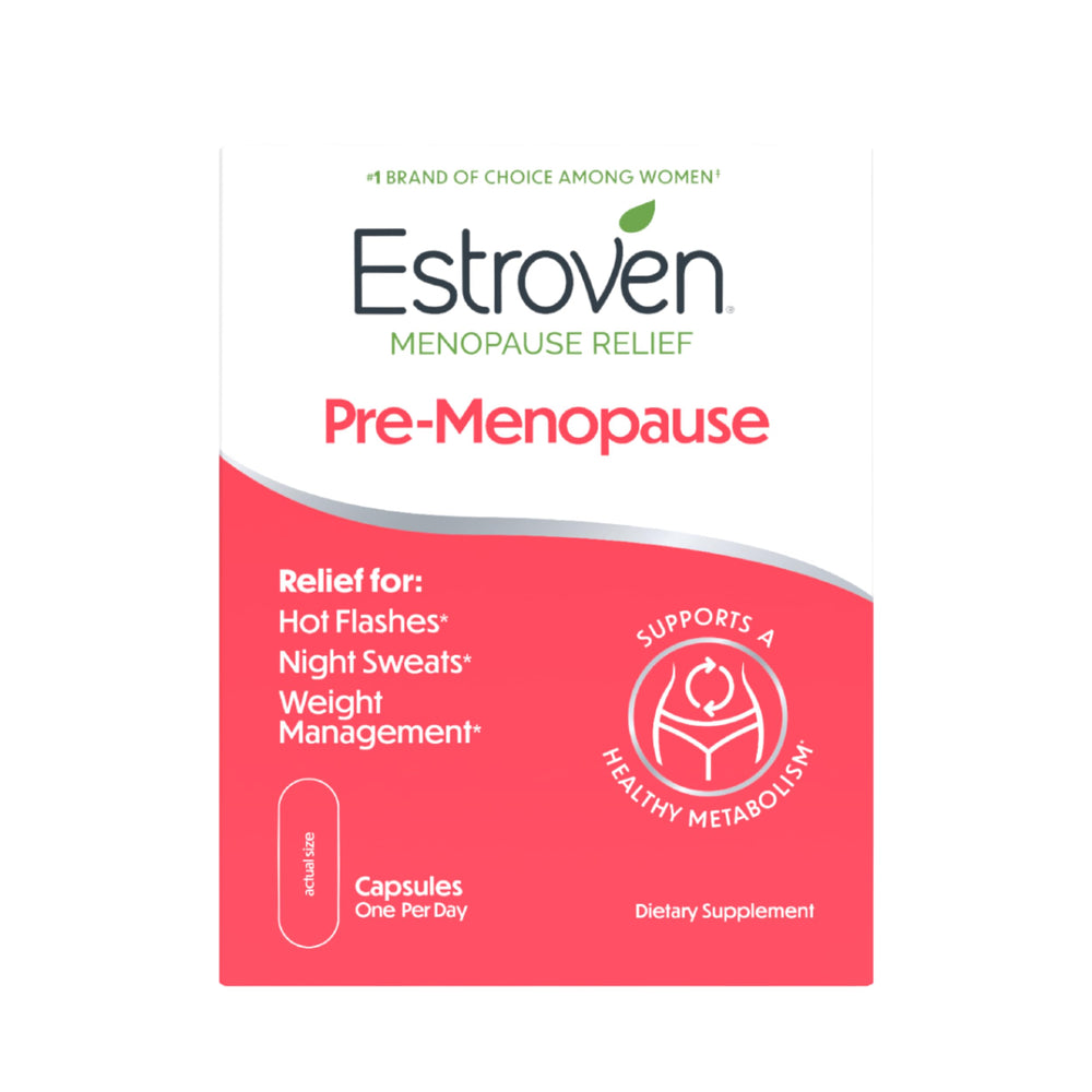 Estroven empaque frontal mostrando la marca y beneficio para sofocos