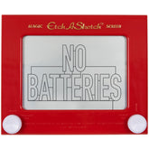Etch A Sketch vista frontal clásica mostrando marco rojo y mandos blancos, diversión instantánea