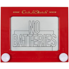 Etch A Sketch vista frontal clásica mostrando marco rojo y mandos blancos, diversión instantánea