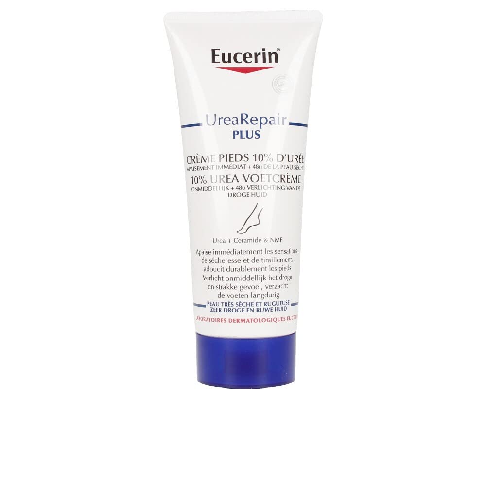 Eucerin crema de pies 10% urea frasco frontal mostrando etiqueta y beneficios hidratantes