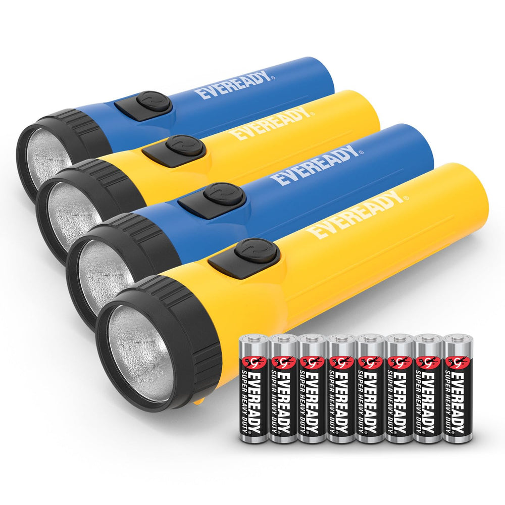 EVEREADY linterna frontal en paquete mostrando cuatro unidades y utilidad inmediata