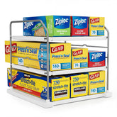 EVERIE front view of organizer showing three tiers and compact footprint, saves cabinet space
