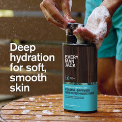 Every Man Jack gel en uso bajo la ducha con limpieza e hidratación