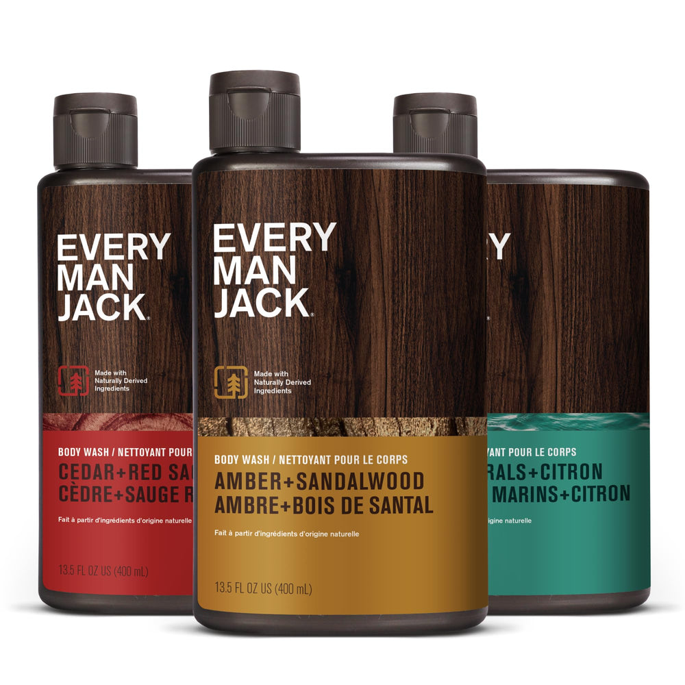Every Man Jack pack variado frontal mostrando las tres botellas y su beneficio hidratante