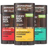 Every Man Jack frente del pack mostrando las tres fragancias y protección 48 horas
