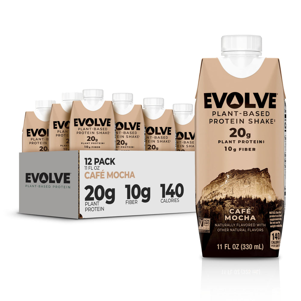 Evolve batido frente del envase mostrando la marca y beneficio de proteína vegetal