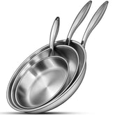 EWFEN sartenes frontal set mostrando los tres tamaños y acabado espejo para cocina eficiente