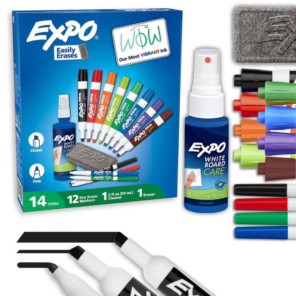 EXPO frente del pack mostrando todos los marcadores y accesorios, organización útil