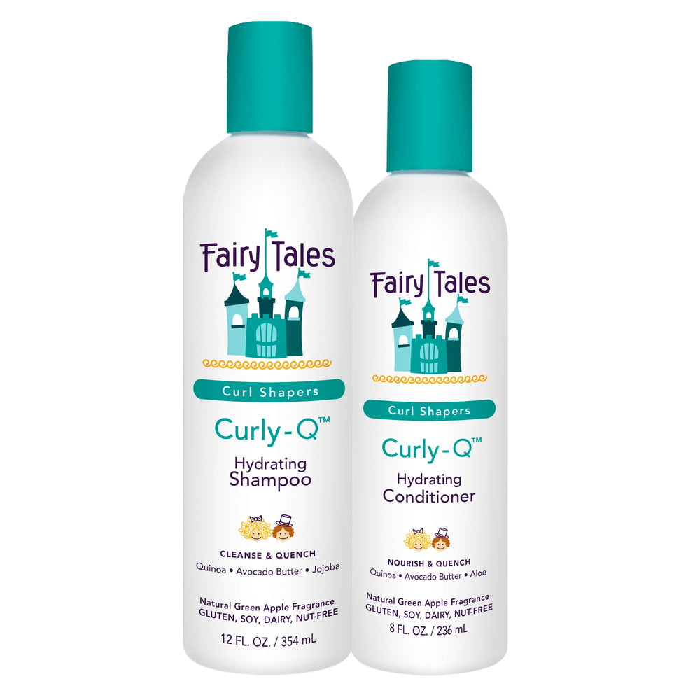 Fairy Tales pack Curly Q frente del empaque mostrando los dos productos y ventaja de definición
