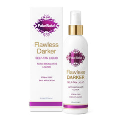 Fake Bake envase frontal 6 oz mostrando diseño y tamaño, resalta conveniencia