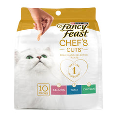 Fancy Feast frontal del paquete mostrando variedades y ventajas