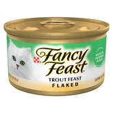 Fancy Feast lata frontal que muestra la receta de trucha y atractivo visual
