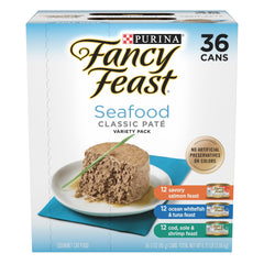 Fancy Feast Purina frente del empaque mostrando variedad y conveniencia