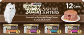 Fancy Feast paquete frontal mostrando 24 latas, conveniencia y variedad
