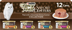 Fancy Feast paquete frontal mostrando 24 latas, conveniencia y variedad