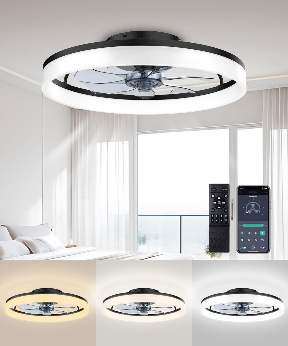 FancyMay vista frontal del ventilador con luz, aspecto moderno y ahorro de espacio