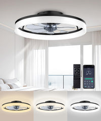 FancyMay vista frontal del ventilador con luz, aspecto moderno y ahorro de espacio