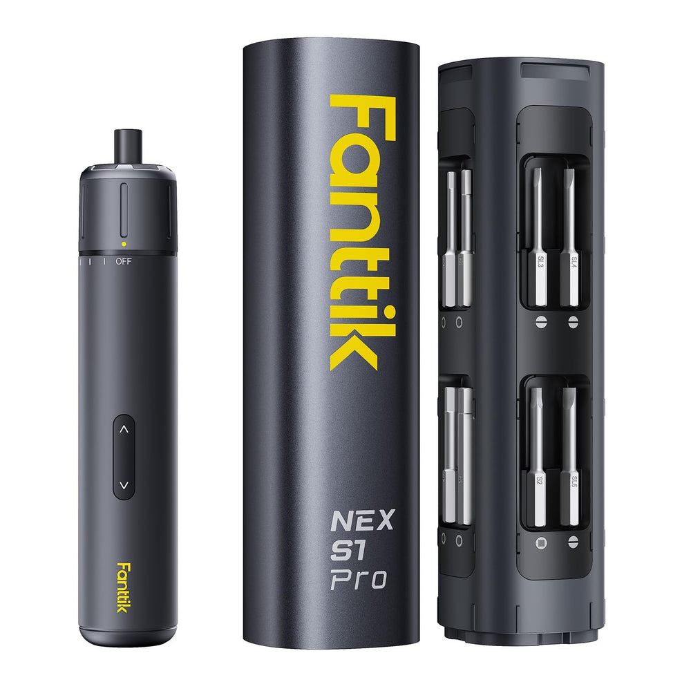 Fanttik S1 Pro vista frontal del destornillador y embalaje, herramienta compacta y profesional