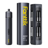 Fanttik S1 Pro vista frontal del destornillador y embalaje, herramienta compacta y profesional