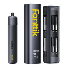 Fanttik S1 Pro vista frontal del destornillador y embalaje, herramienta compacta y profesional