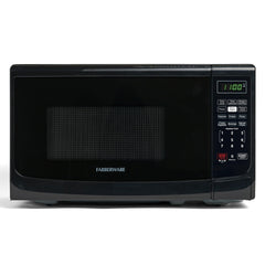Farberware microondas frontal negro muestra diseño compacto y eficiencia